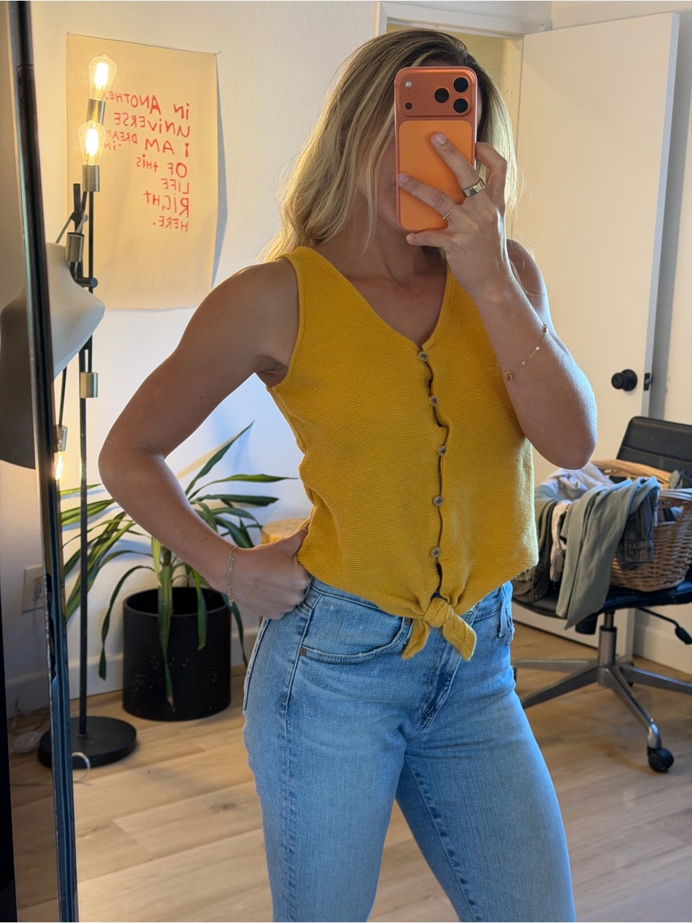 Madewell Texture & Thread Mustard Yellow Button-Front Tie Tank Top | Medium